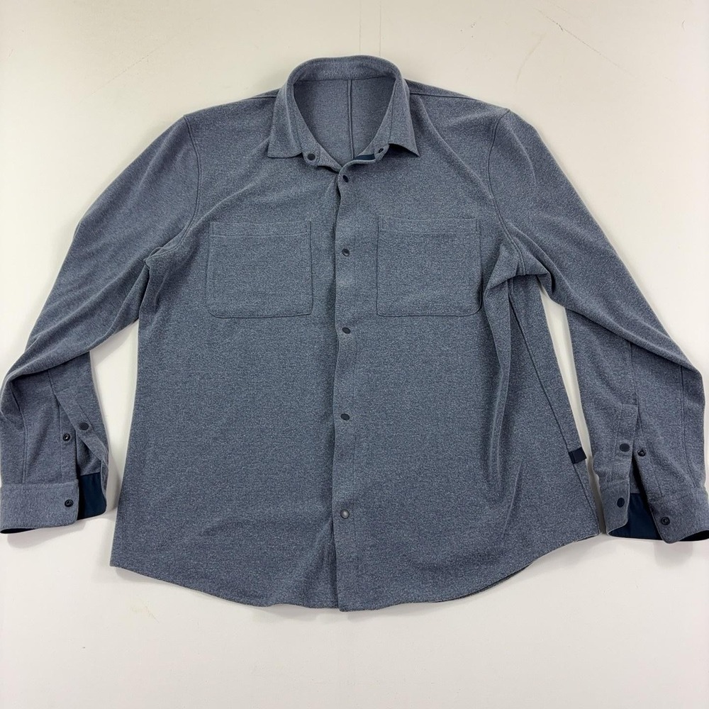 Lululemon Shirt Mens XL Blue Solid Long Sleeve Snap Button Up Knit Pockets